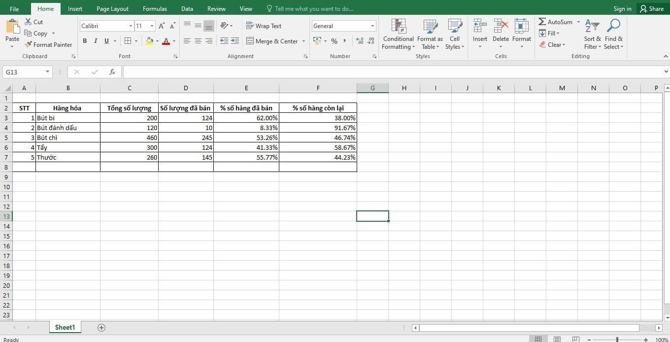 Tính phần trăm trong excel 5