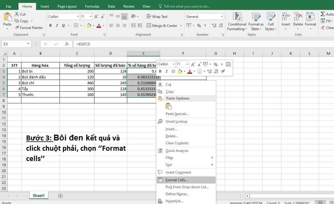 Tính phần trăm trong excel 3