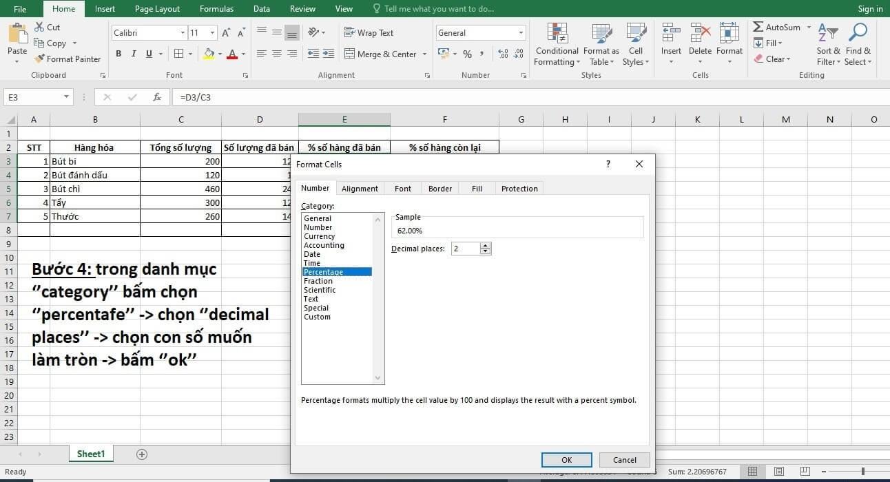 Tính phần trăm trong excel 4