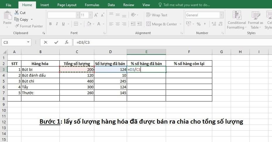 Tính phần trăm trong excel